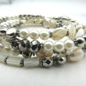 White Pearl Bead Silver Tone Multi Strand Memory Wire‎ Coil Bracelet Womens